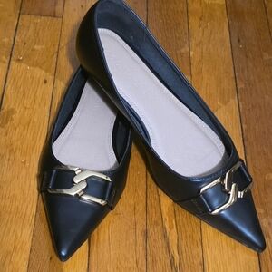 Black Pointed-Toe Flats with Gold Chain Accent